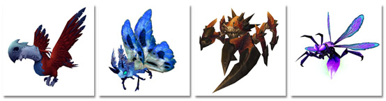 Bloodbeak, Cerulean Moth, Fen Crab, Violet Firefly